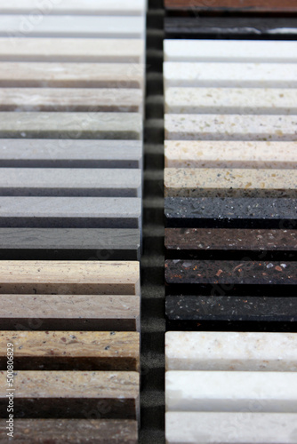 Luxury marble natural stone slabs for kitchen countertops and floor tiles. Samples of stone for countertops