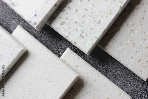 Luxury marble natural stone slabs for kitchen countertops and floor tiles. Samples of stone for countertops