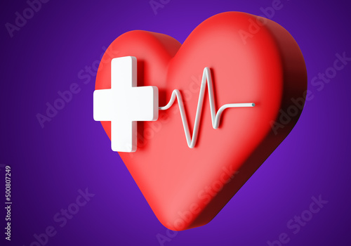 Heart medicine. Cardiological health problems. White cross and pulse line. Treatment of heart disease in humans. State system of health care and medicine. Health insurance concept. 3d rendering.