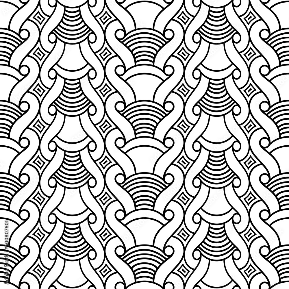 Black and white Seamless pattern. Gatsby stylish texture. Monochrome linear pattern. Design Mesh for prints. Thin curving lines. Black and white Seamless pattern. Gatsby stylish texture. Monochrome linear pattern. Design Mesh for prints. Thin curving lines.