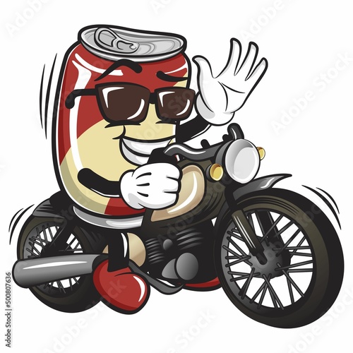 cute drink can vintage character mascot illustration cans very cool riding a motorbike
