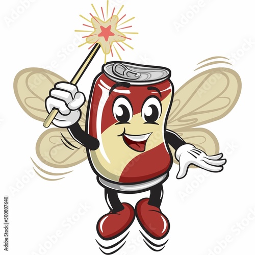 cute drink can vintage character mascot illustration become a flying magic fairy