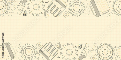 Mechanical engineering drawings on light background. Cutting tools, milling cutter. Technical Design. Cover. Blueprint. Horizontal seamless pattern. Vector illustration.