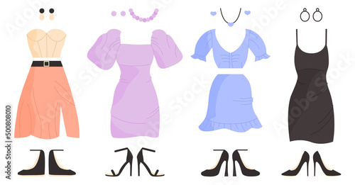 Purple glamor dress, black cocktail tunic, tank top and long slit skirt, blue cute suit set. High heels, jewelry and earrings. Doll clothes. Woman wardrobe accessories collection. Vector illustration