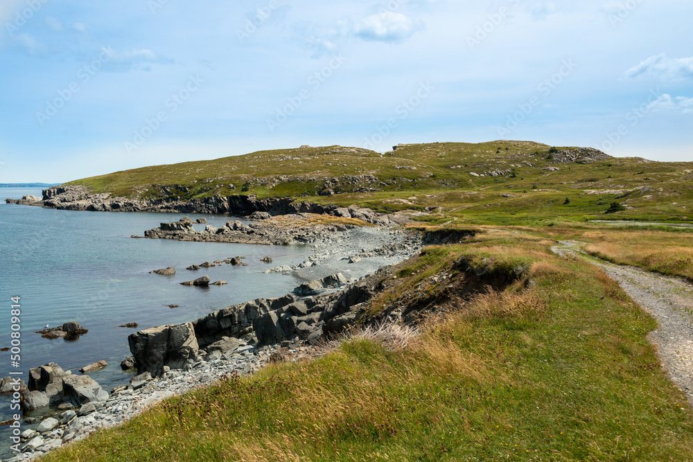 A hiking trail along the ocean with waves crashing on the jagged rocks. The calm water and sky are blue with white clouds. There are trees, rocks, grass, and eroding cliff along the edge of the ocean A hiking trail along the ocean with waves crashing on the jagged rocks. The calm water and sky are blue with white clouds. There are trees, rocks, grass, and eroding cliff along the edge of the ocean