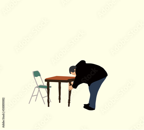 Man repairing the leg of wooden table. Furniture assembly. Flat Cartoon Vector Illustration. Table in Living Room. Interior at Home.