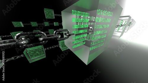 Green glowing binary data in clear glass cubes connected by iron chains under blue lighting background. Block chain network technology concept illustration. 3D illustration. 3D CG.