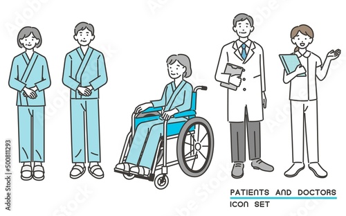 手術着を着る患者と医療従事者の人物のベクターイラスト素材／医者／薬剤師