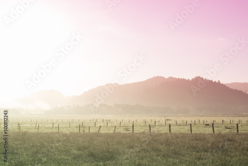 Early morning scene of a farm with mountains in the background with a pink and green neon filter applied. Ferndale, California, USA. photo