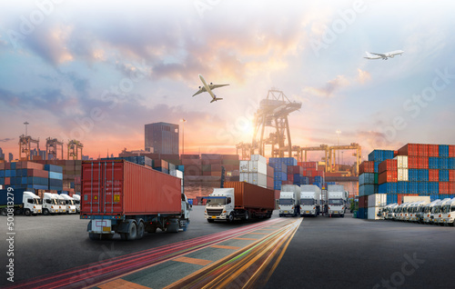 Container truck in ship port for business Logistics and transportation of Container Cargo ship and Cargo plane, logistic import export and transport concept
