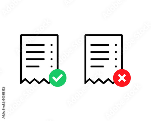 Invoice with check mark and cross sign. Payment success. Vector illustration