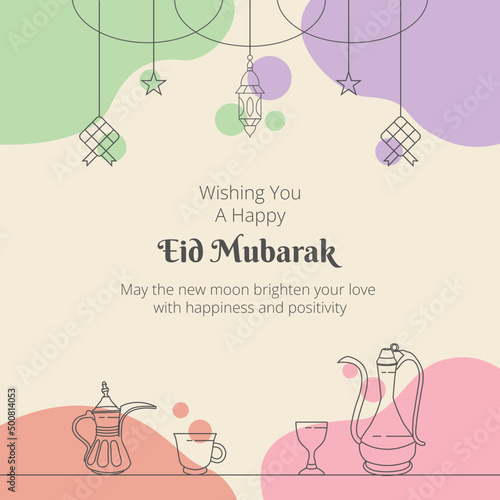 Eid Mubarak Greeting Card on Pastel Background. Vector Illustration
