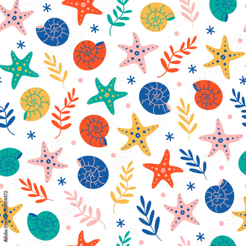Sea animals seamless vector pattern. Bright nautilus shells, starfish, colorful algae on the seabed. Cute underwater clams, flat cartoon style. Summer ocean background for decoration, design
