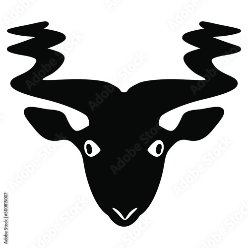 Head of a goat or antelope with twisted horns. Animal face mask. Ancient Sumerian sculpture. Black and white silhouette.
