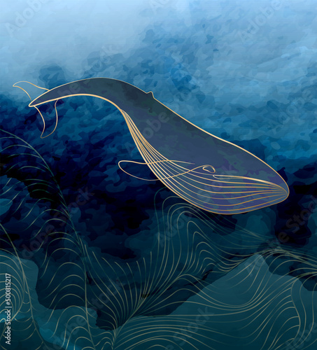 Watercolor art background with blue whale in waves in gold line art style. Vector poster with ink textures for design wallpaper, social media, banner, print, textile