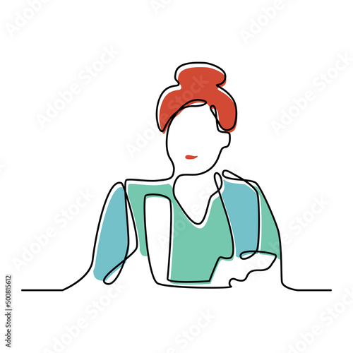 Filled Continuous Line Drawing Business Woman Office Work Concept