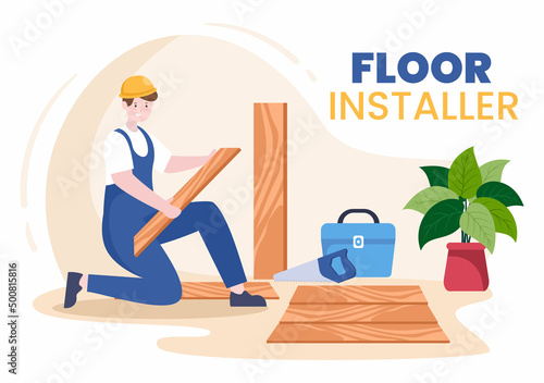 Floor Installation Cartoon Illustration with Repairman, Laying Professional Parquet, Wood or tile Floors in House Flooring Renovation Design