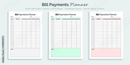 Bill payments planner logbook and tracker printable kdp interior design template