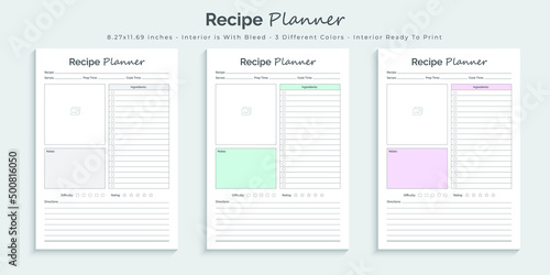 Recipe planner logbook journal and tracker printable kdp interior design template set 03