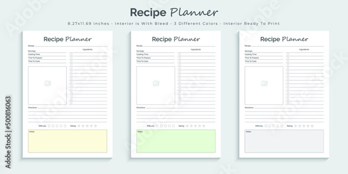 Recipe planner logbook journal and tracker printable kdp interior design template set 02