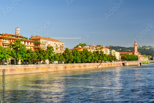 View of waterfront of the Adige River, Verona, Italy