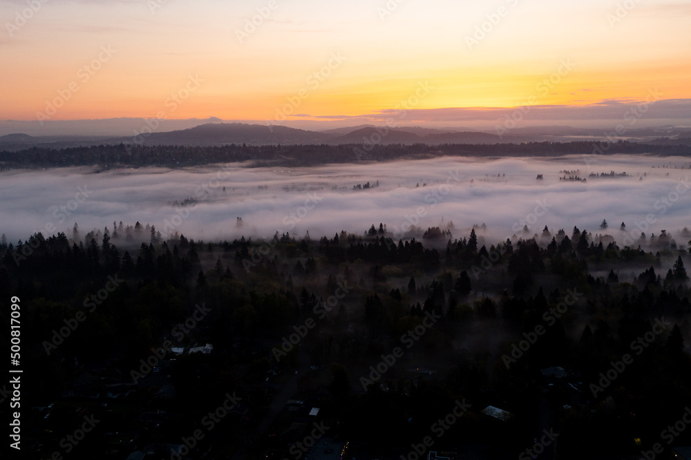 Dawn illuminates a layer of fog that covers the scenic Willamette River not far south of Portland, Oregon. This beautiful part of the Pacific Northwest receives lots of moisture annually.