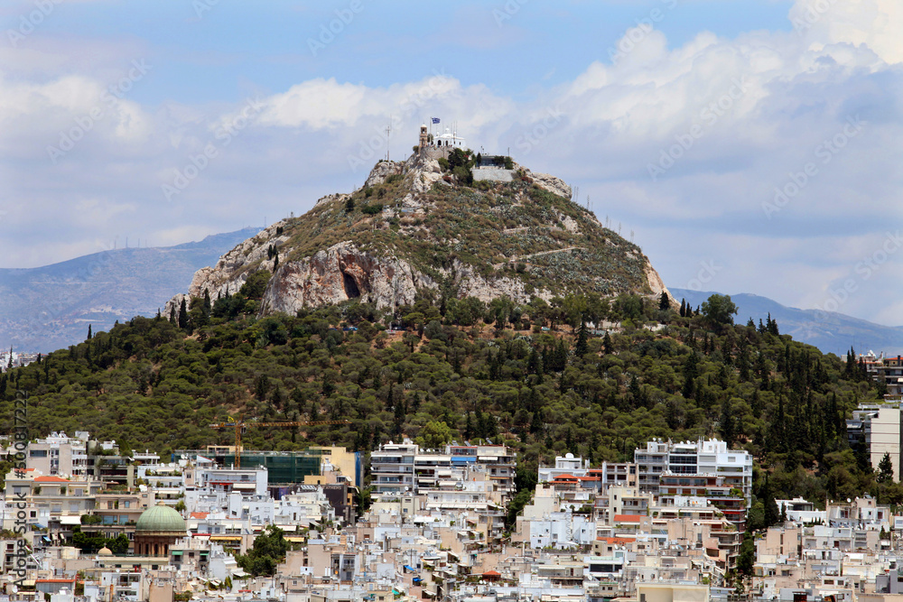 Mount Lycabettus from Acropolis in Athens, Greece. Athens is one of the world's oldest cities.