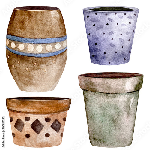 Set of watercolor ceramic garden plants and flowers pots. Background with various color flowerpots.