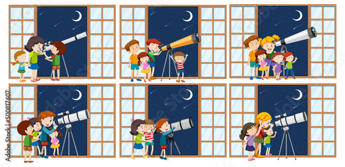 Set of different kids observe night sky with telescope