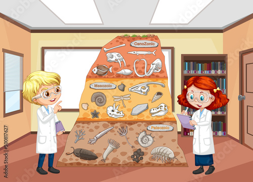 Fossil in soil layers with children cartoon character