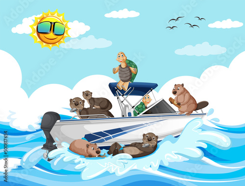 Ocean scene with group of animals on speedboat