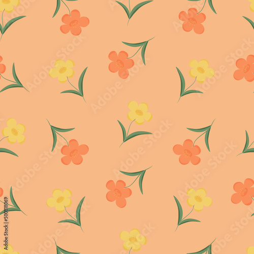 Orange and Yellow Flower on Orange Background, Seamless Pattern, Vector
