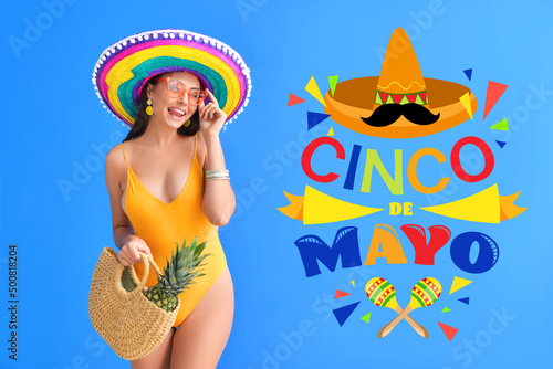 Greeting card for Cinco de Mayo (Fifth of May) with beautiful Mexican woman in sombrero and swimsuit