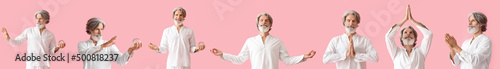 Photos Set of mature male guru with crystal ball on pink background
