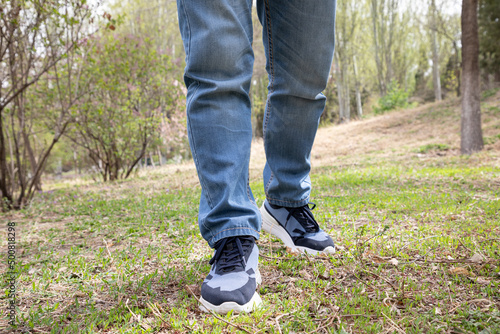 Closeup outdoor hiking men's shoes