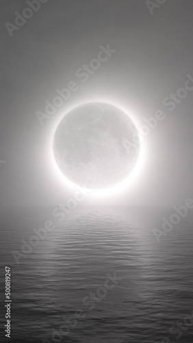 Hazy Moon Eclipse Over Ocean 3 Part Vertical Background Loop photo