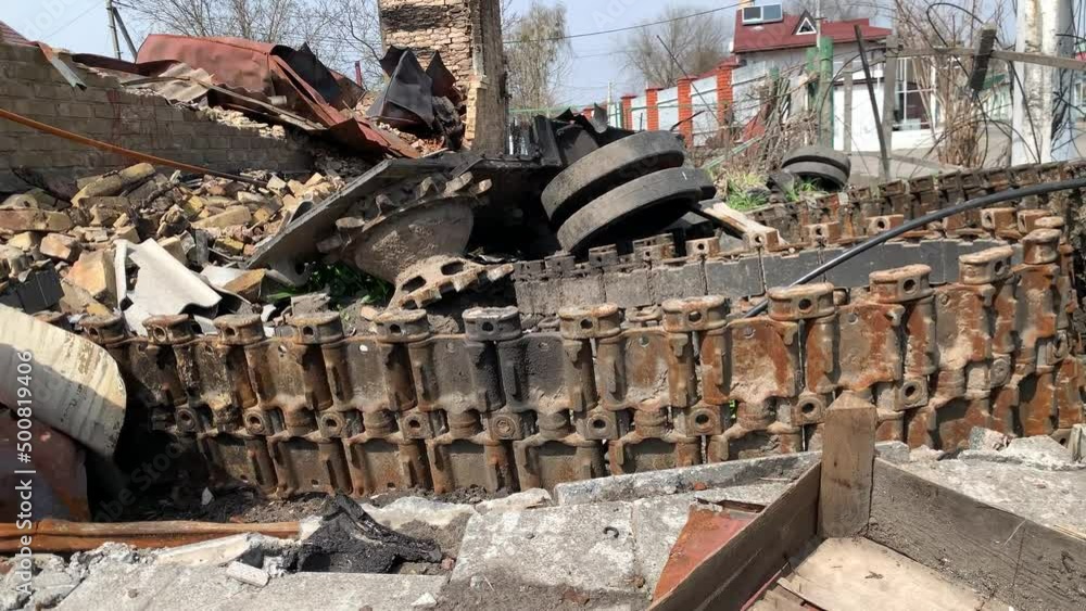 Hostomel, Kyiv, Ukraine - 01.04.2022: Russian occupants destroyed private houses in the city of Hostomel Hostomel, Kyiv, Ukraine - 01.04.2022: Russian occupants destroyed private houses in the city of Hostomel
