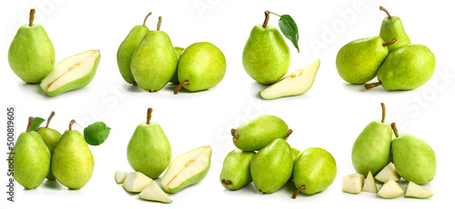 Set of ripe green pears isolated on white