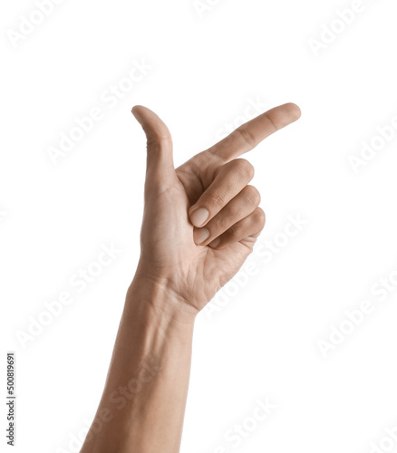 Young male hand showing something on white background © Pixel-Shot