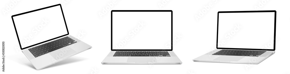 Realistic laptop mockup with blank screen isolated on white background, perspective laptop mock up different angles views - obrazy, fototapety, plakaty 
