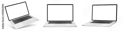 Realistic laptop mockup with blank screen isolated on white background, perspective laptop mock up different angles views photo