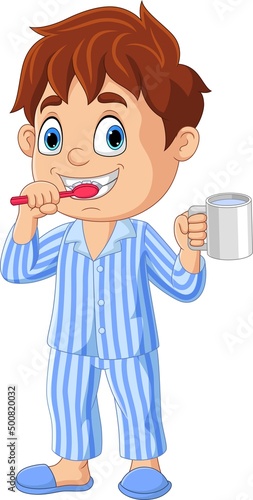 Cartoon little boy brushing teeth