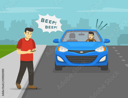 Pedestrian road safety rules. Young male character crossing the road while using mobile phone in front of a car. Angry male car driver is honking horn to pedestrian. Flat vector illustration template