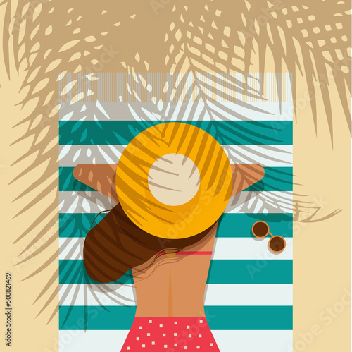 A woman is sunbathing on the beach under a palm tree. Flat style.