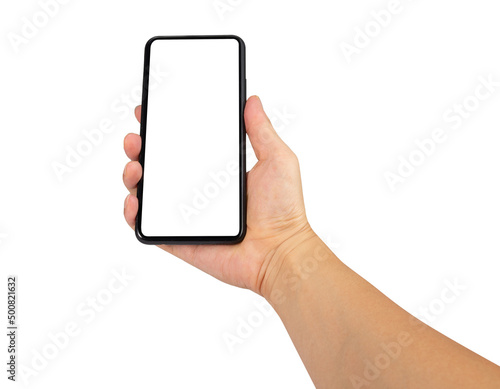 Konstfotografi Close up point of view male holding phone on white blank screen for montage mockup display device