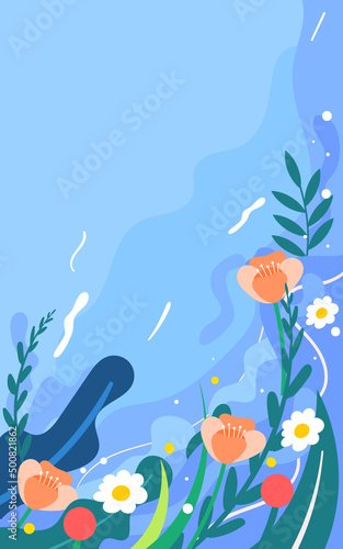 Valentines day couple dating and kissing with flowers and plants in the background, vector illustration