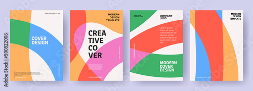 Creative covers or posters concept in modern minimal style for corporate identity, branding, social media advertising, promo. Minimalist cover design template with dynamic lines in blue, pink, yellow