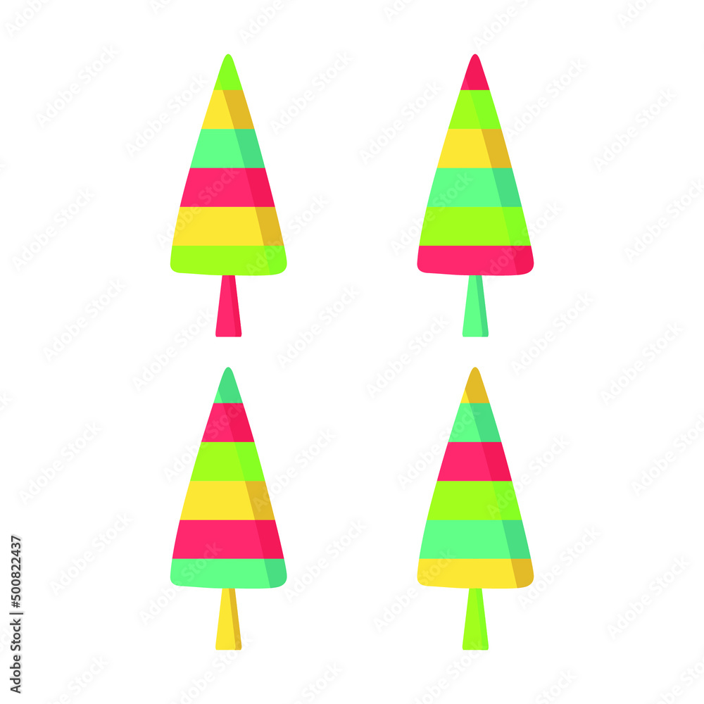 Set of ice cream striped popsicle icons isolated on white background. Colorful eskimo dessert flat sign. Cartoon style illustration for children clothes, pajamas, t-shirt textile design. Vector illust Set of ice cream striped popsicle icons isolated on white background. Colorful eskimo dessert flat sign. Cartoon style illustration for children clothes, pajamas, t-shirt textile design. Vector illust