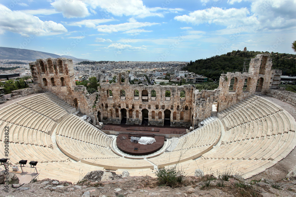 Odeon of Herodes Atticus Theater in Acropolis, Athens, Greece. The building was completed in AD 161 and then renovated in 1950. 