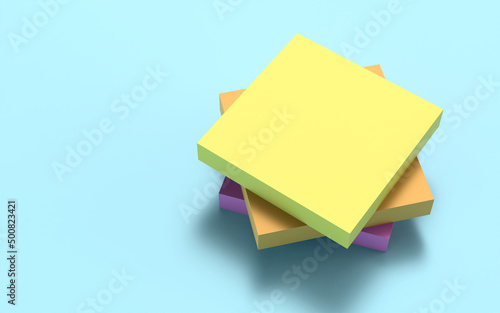 3 reams of note paper placed on a light blue background. 3D Render.
